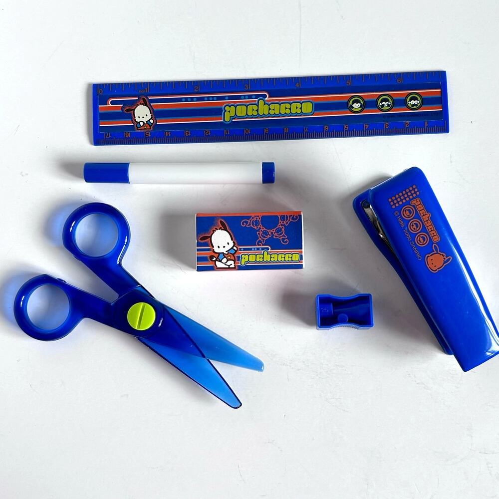Vintage Sanrio Pochacco Desk Set Blue 2000 Ruler Scissors Stapler